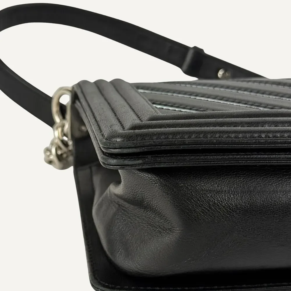 Chanel Boy Bag Medium Black Lambskin Iridescent Chevron Silver CC 17S  Women's